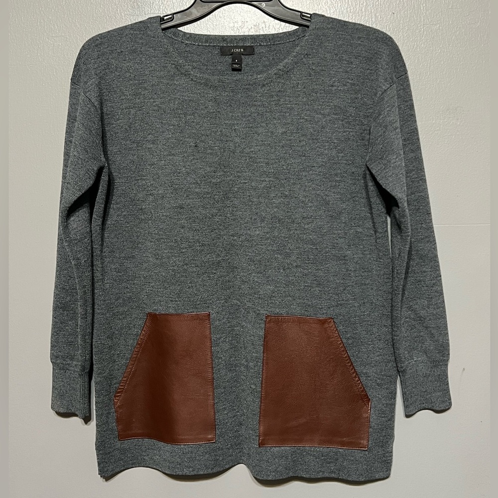 J.Crew Gray Wool Knit Tunic Sweater Small Brown Leather Patch Pockets